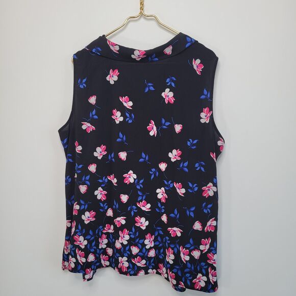 CALVIN KLEIN Black Floral Top Sz 1X Sleeveless Button Up Collar Tank Longline - Picture 5 of 10